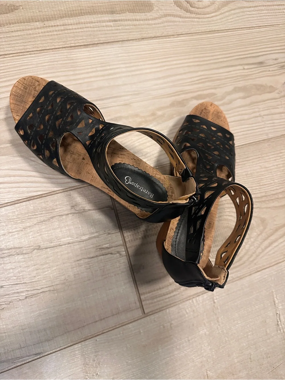 BareTraps Black Laser-Cut Wedge Sandals